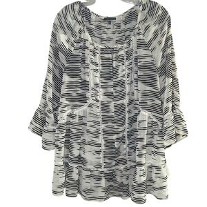 Vince Camuto Black White Striped Tiered Tunic Top Womens XL Flared Sleeve boho